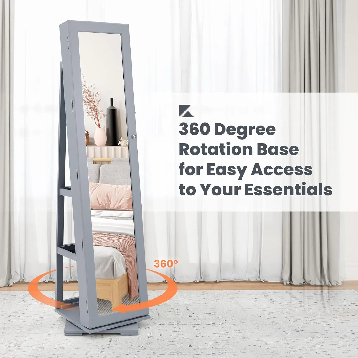 COSTWAY 360 Rotating Jewelry Armoire Cabinet, Standing Jewelry Organizer w/Full-Length Mirror & Large Storage Space, Lockable Mirror Jewelry Cabinet for Girls Women (Grey)