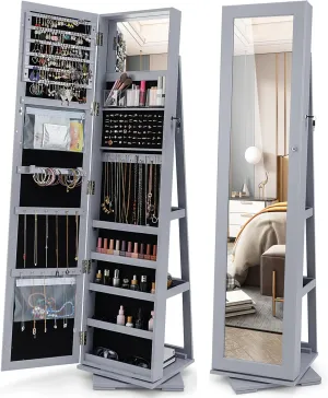 COSTWAY 360 Rotating Jewelry Armoire Cabinet, Standing Jewelry Organizer w/Full-Length Mirror & Large Storage Space, Lockable Mirror Jewelry Cabinet for Girls Women (Grey)