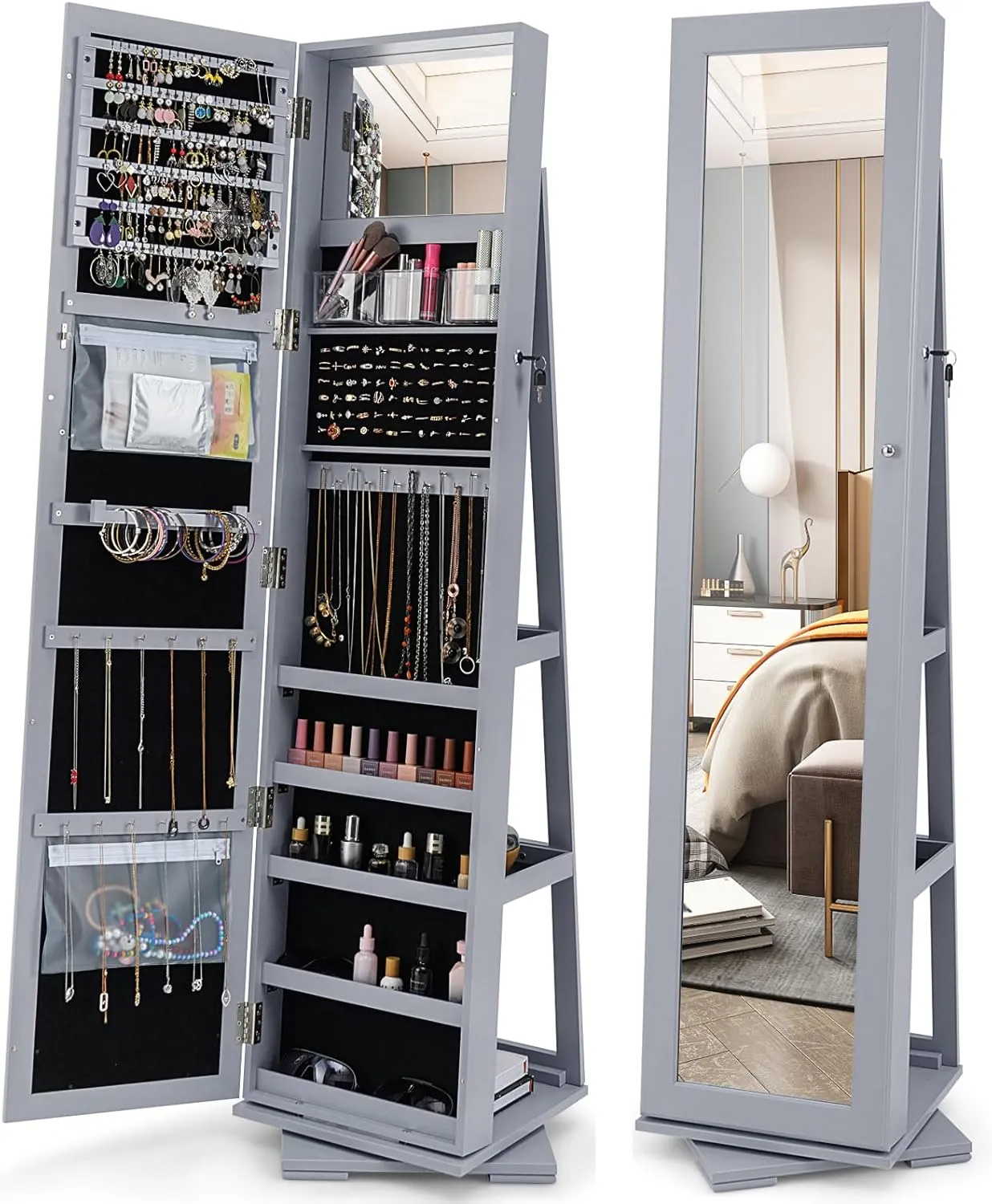 COSTWAY 360 Rotating Jewelry Armoire Cabinet, Standing Jewelry Organizer w/Full-Length Mirror & Large Storage Space, Lockable Mirror Jewelry Cabinet for Girls Women (Grey)