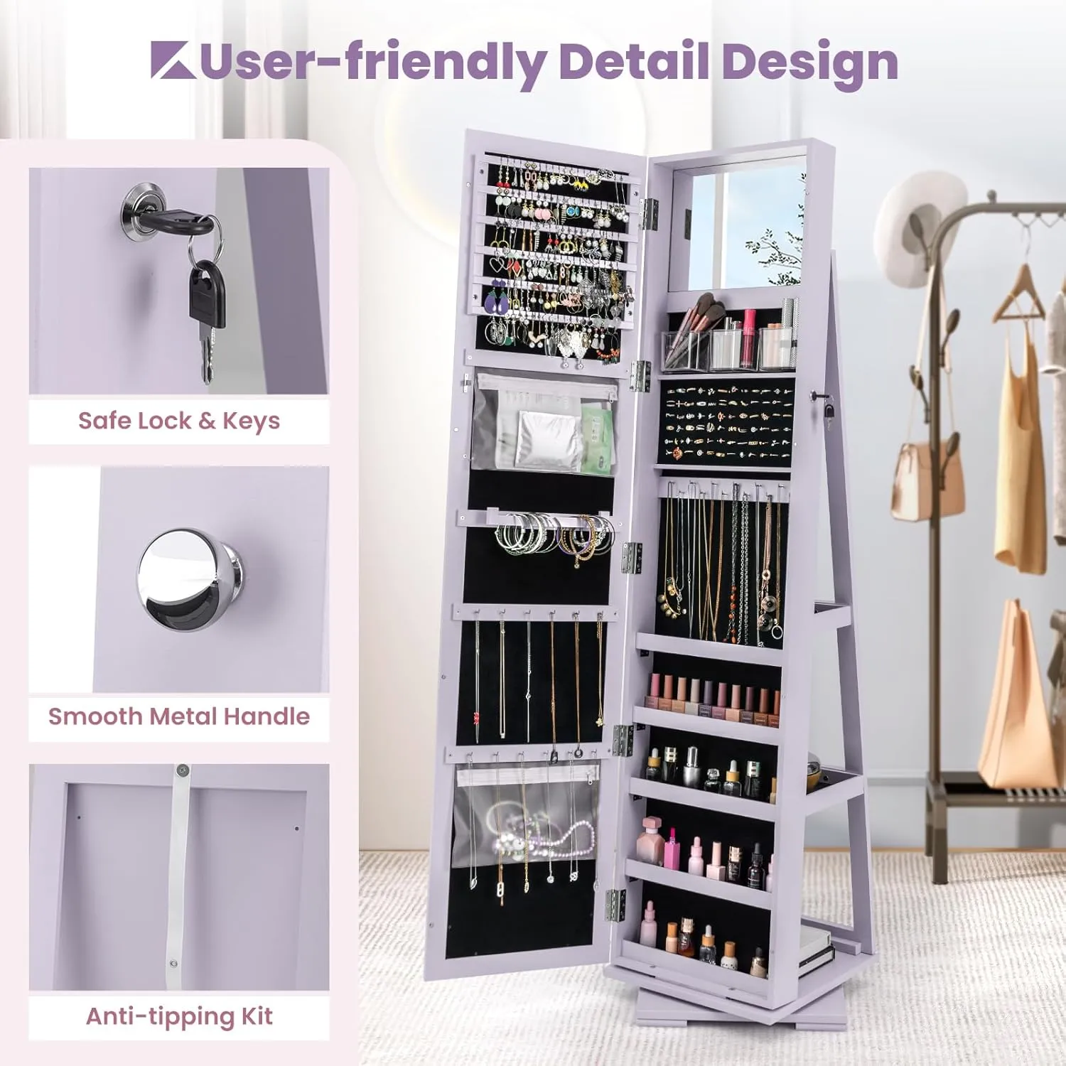 COSTWAY 360 Rotating Jewelry Armoire Cabinet, Standing Jewelry Organizer w/Full-Length Mirror & Large Storage Space, Lockable Mirror Jewelry Cabinet for Girls Women (Lavender)