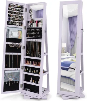 COSTWAY 360 Rotating Jewelry Armoire Cabinet, Standing Jewelry Organizer w/Full-Length Mirror & Large Storage Space, Lockable Mirror Jewelry Cabinet for Girls Women (Lavender)