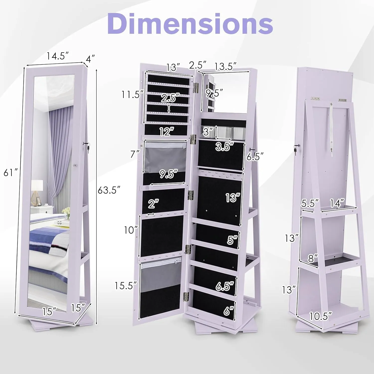 COSTWAY 360 Rotating Jewelry Armoire Cabinet, Standing Jewelry Organizer w/Full-Length Mirror & Large Storage Space, Lockable Mirror Jewelry Cabinet for Girls Women (Lavender)