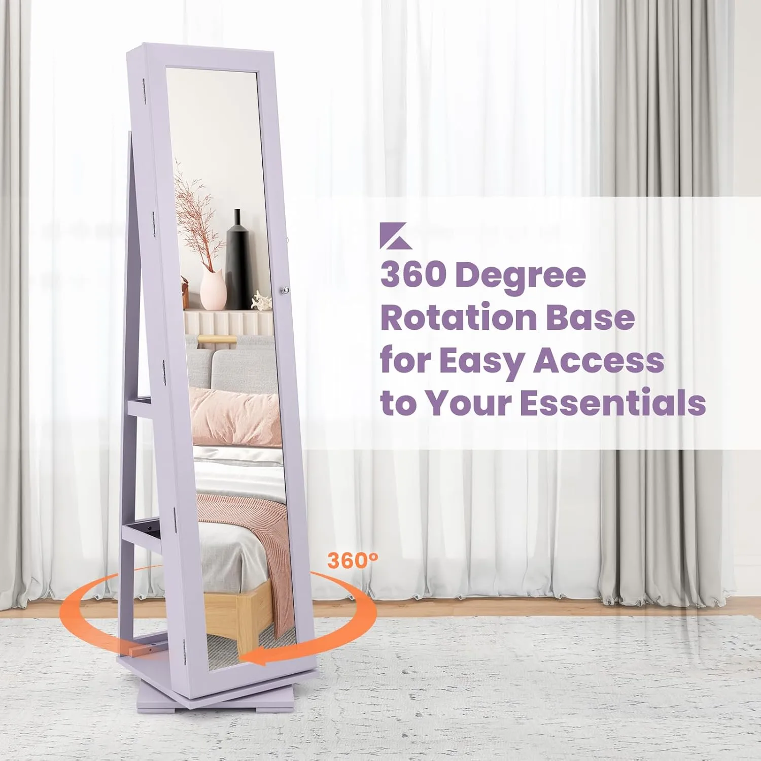 COSTWAY 360 Rotating Jewelry Armoire Cabinet, Standing Jewelry Organizer w/Full-Length Mirror & Large Storage Space, Lockable Mirror Jewelry Cabinet for Girls Women (Lavender)