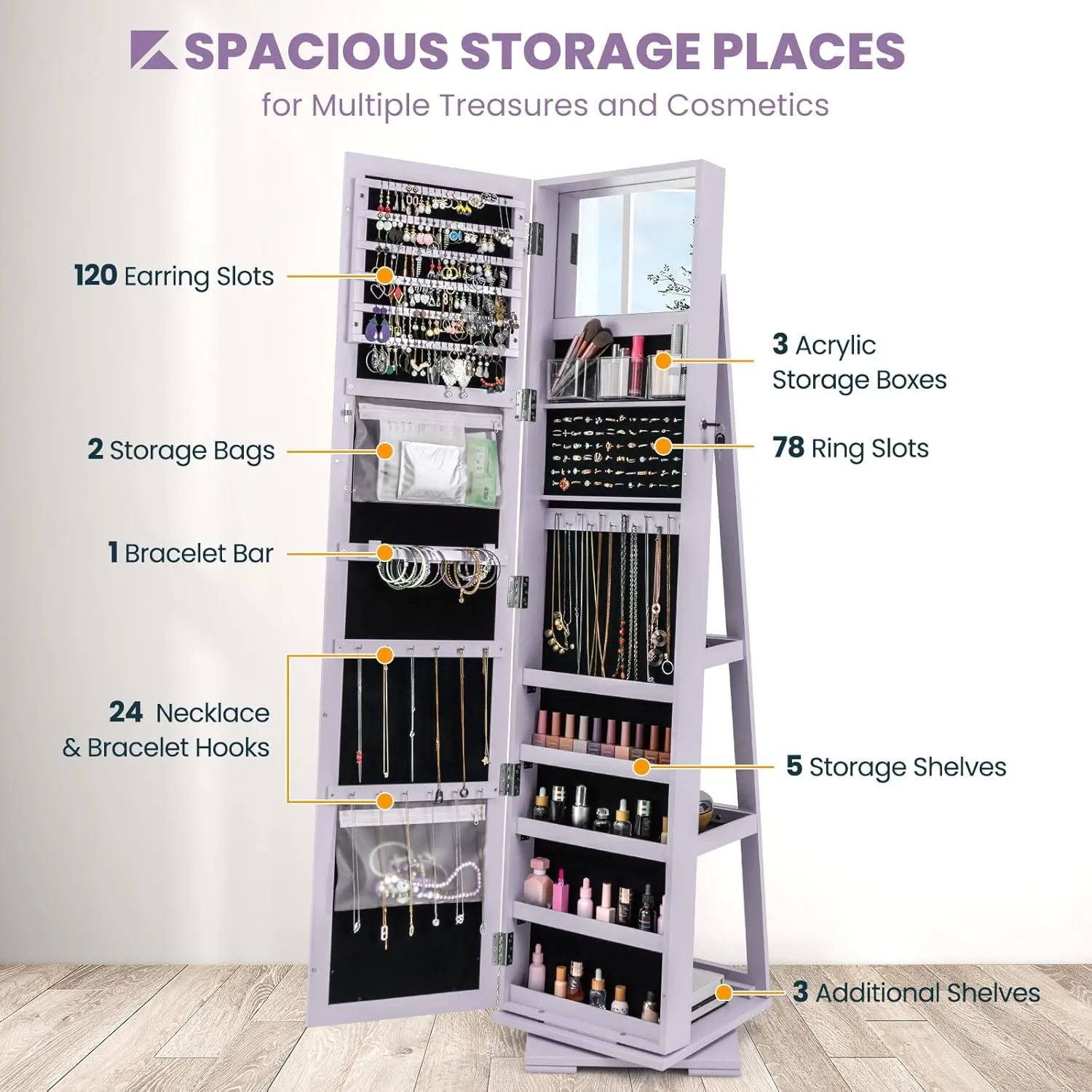 COSTWAY 360 Rotating Jewelry Armoire Cabinet, Standing Jewelry Organizer w/Full-Length Mirror & Large Storage Space, Lockable Mirror Jewelry Cabinet for Girls Women (Lavender)