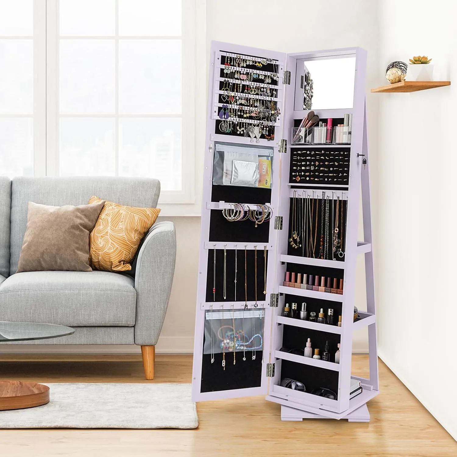 COSTWAY 360 Rotating Jewelry Armoire Cabinet, Standing Jewelry Organizer w/Full-Length Mirror & Large Storage Space, Lockable Mirror Jewelry Cabinet for Girls Women (Lavender)