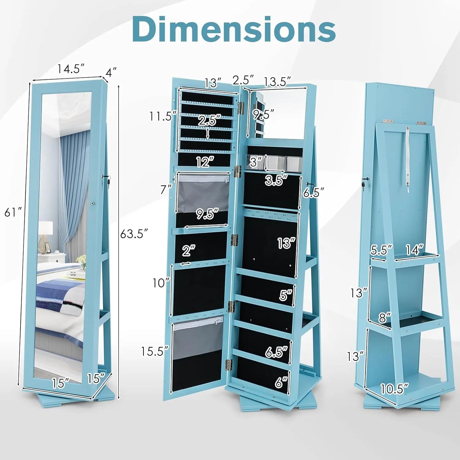 COSTWAY 360 Rotating Jewelry Armoire Cabinet, Standing Jewelry Organizer w/Full-Length Mirror & Large Storage Space, Lockable Mirror Jewelry Cabinet for Girls Women (Light Blue)