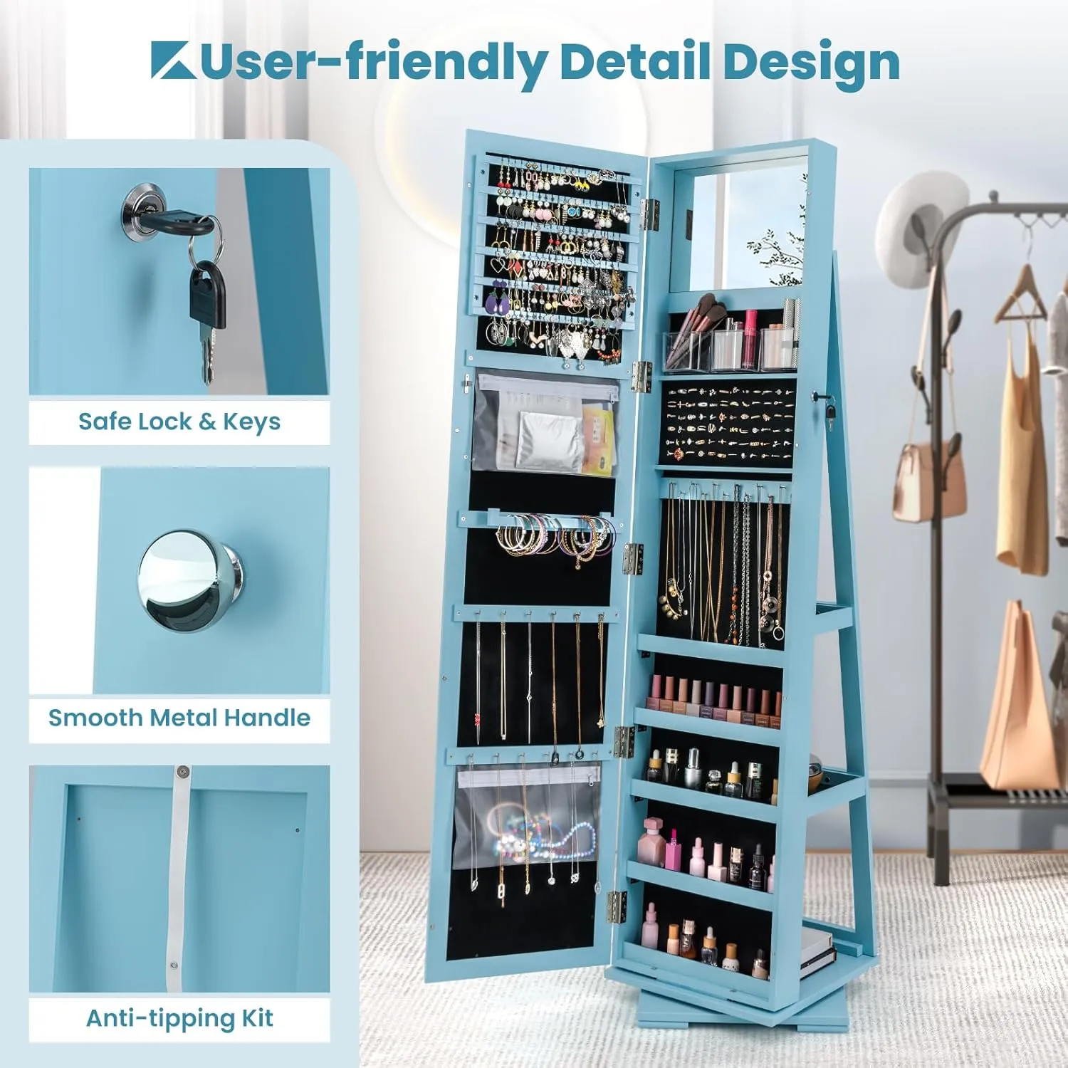 COSTWAY 360 Rotating Jewelry Armoire Cabinet, Standing Jewelry Organizer w/Full-Length Mirror & Large Storage Space, Lockable Mirror Jewelry Cabinet for Girls Women (Light Blue)