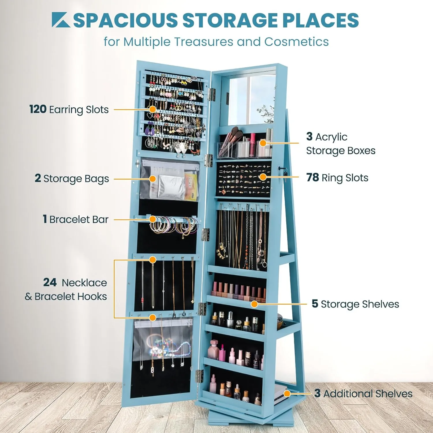 COSTWAY 360 Rotating Jewelry Armoire Cabinet, Standing Jewelry Organizer w/Full-Length Mirror & Large Storage Space, Lockable Mirror Jewelry Cabinet for Girls Women (Light Blue)