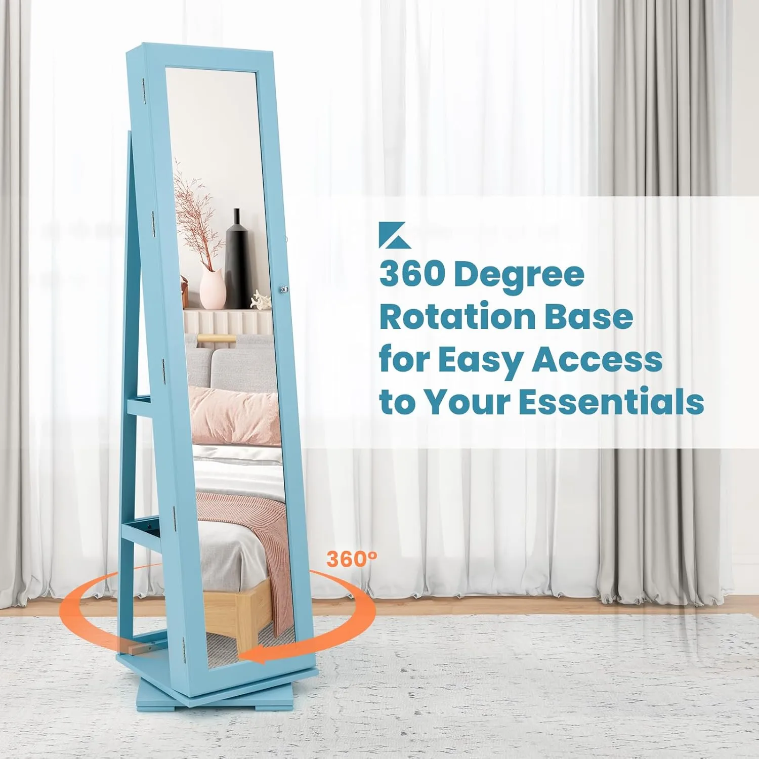 COSTWAY 360 Rotating Jewelry Armoire Cabinet, Standing Jewelry Organizer w/Full-Length Mirror & Large Storage Space, Lockable Mirror Jewelry Cabinet for Girls Women (Light Blue)