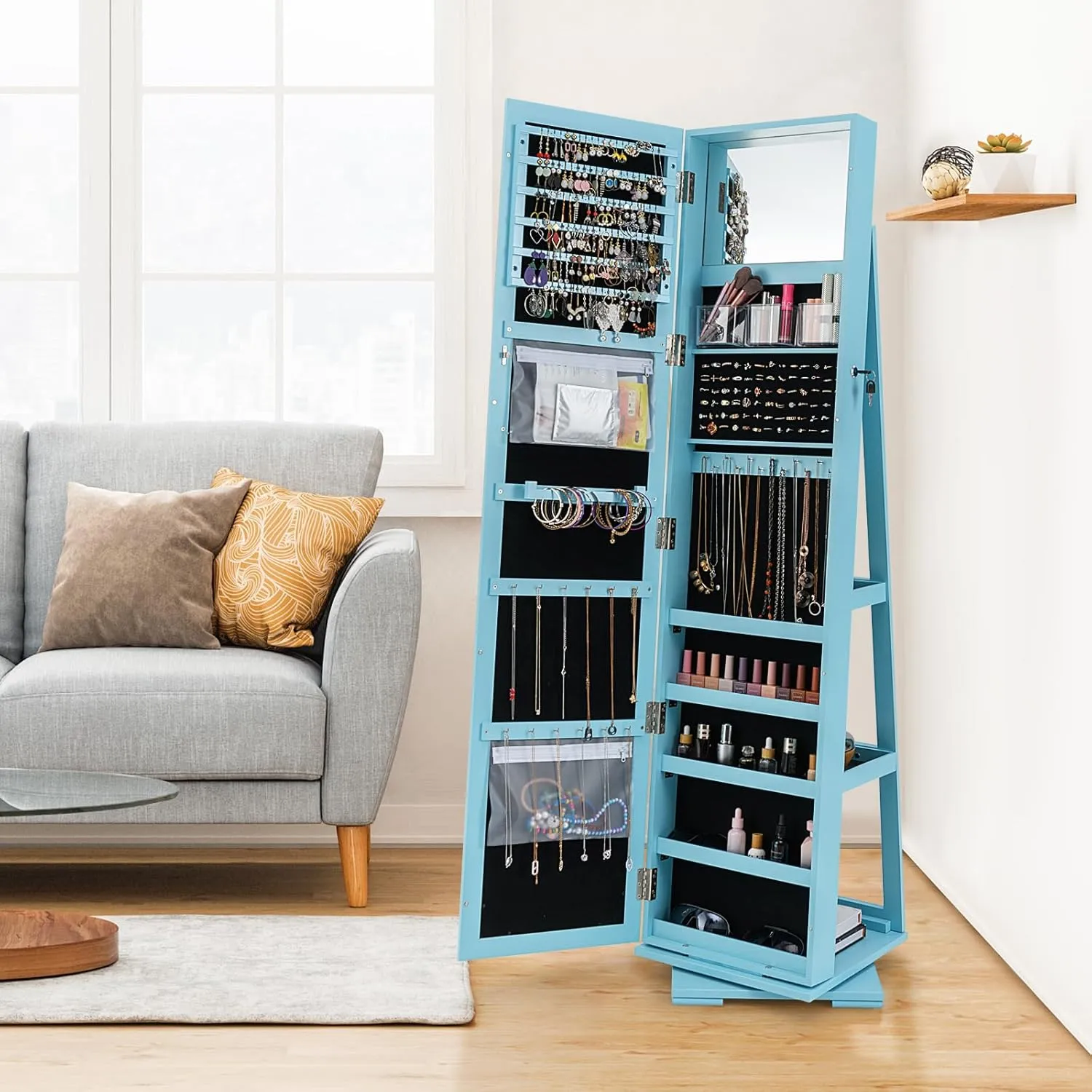 COSTWAY 360 Rotating Jewelry Armoire Cabinet, Standing Jewelry Organizer w/Full-Length Mirror & Large Storage Space, Lockable Mirror Jewelry Cabinet for Girls Women (Light Blue)