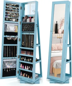 COSTWAY 360 Rotating Jewelry Armoire Cabinet, Standing Jewelry Organizer w/Full-Length Mirror & Large Storage Space, Lockable Mirror Jewelry Cabinet for Girls Women (Light Blue)