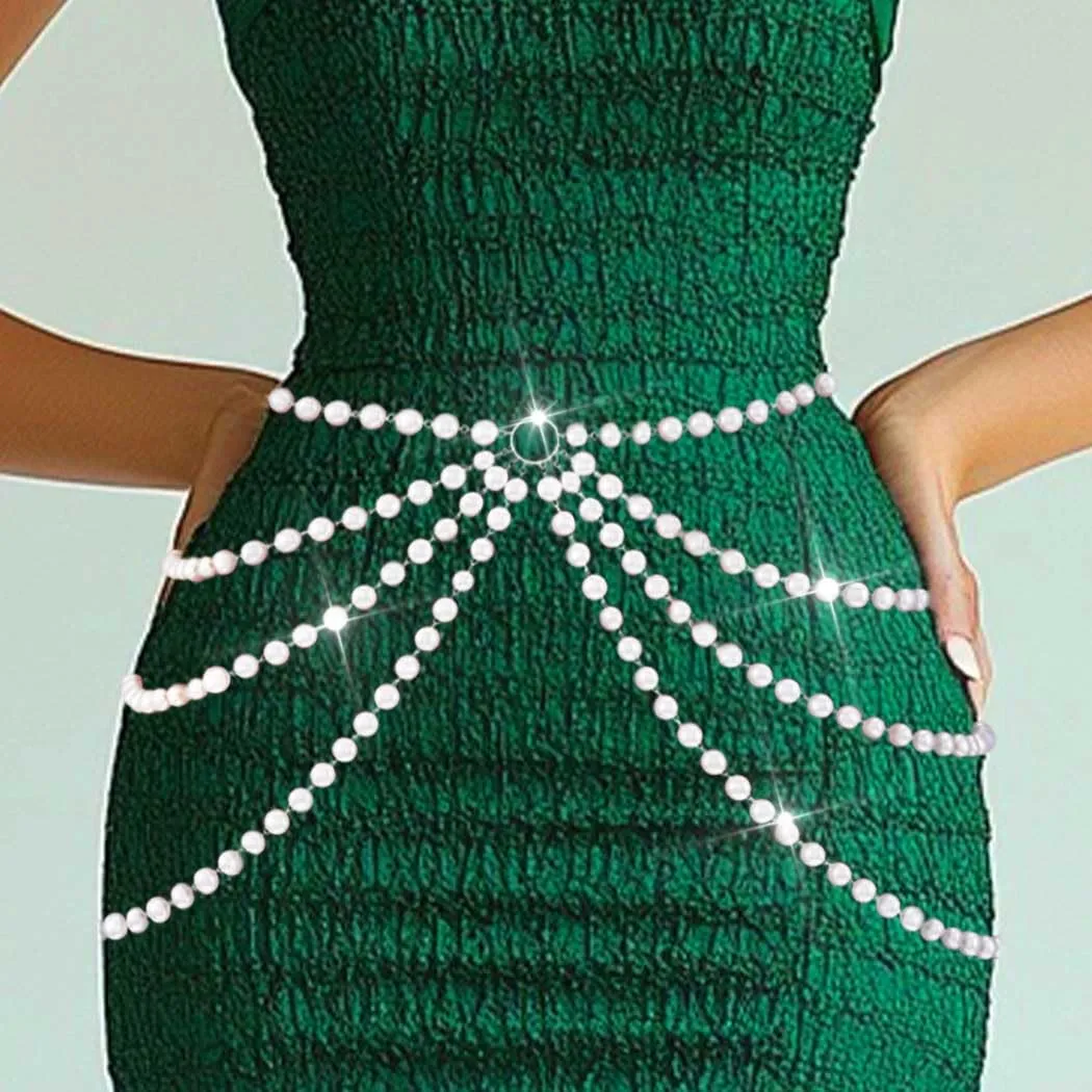 COSYDAYS Pearl Waist Chain Belts Silver Layered Belt Fashion Belly Body Jewelry Accessories for Women (Silver)
