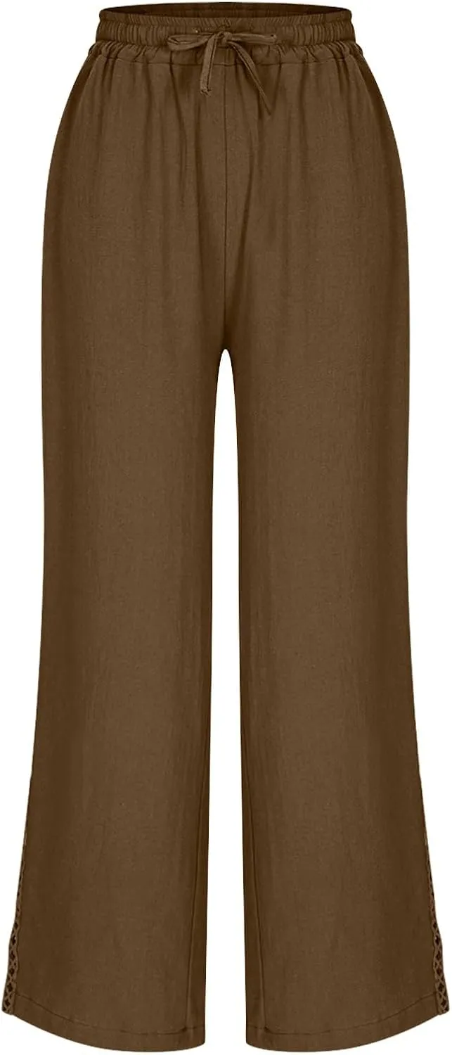 Cotton Linen Pants for Women 2025 Trendy Summer Wide Leg Pants with Pocket Beach Vacation Ankle Length Slacks Trouser