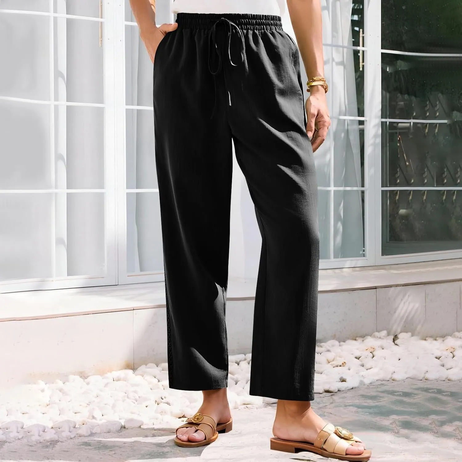 Cotton Linen Pants for Women 2025 Trendy Summer Wide Leg Pants with Pocket Beach Vacation Ankle Length Slacks Trouser