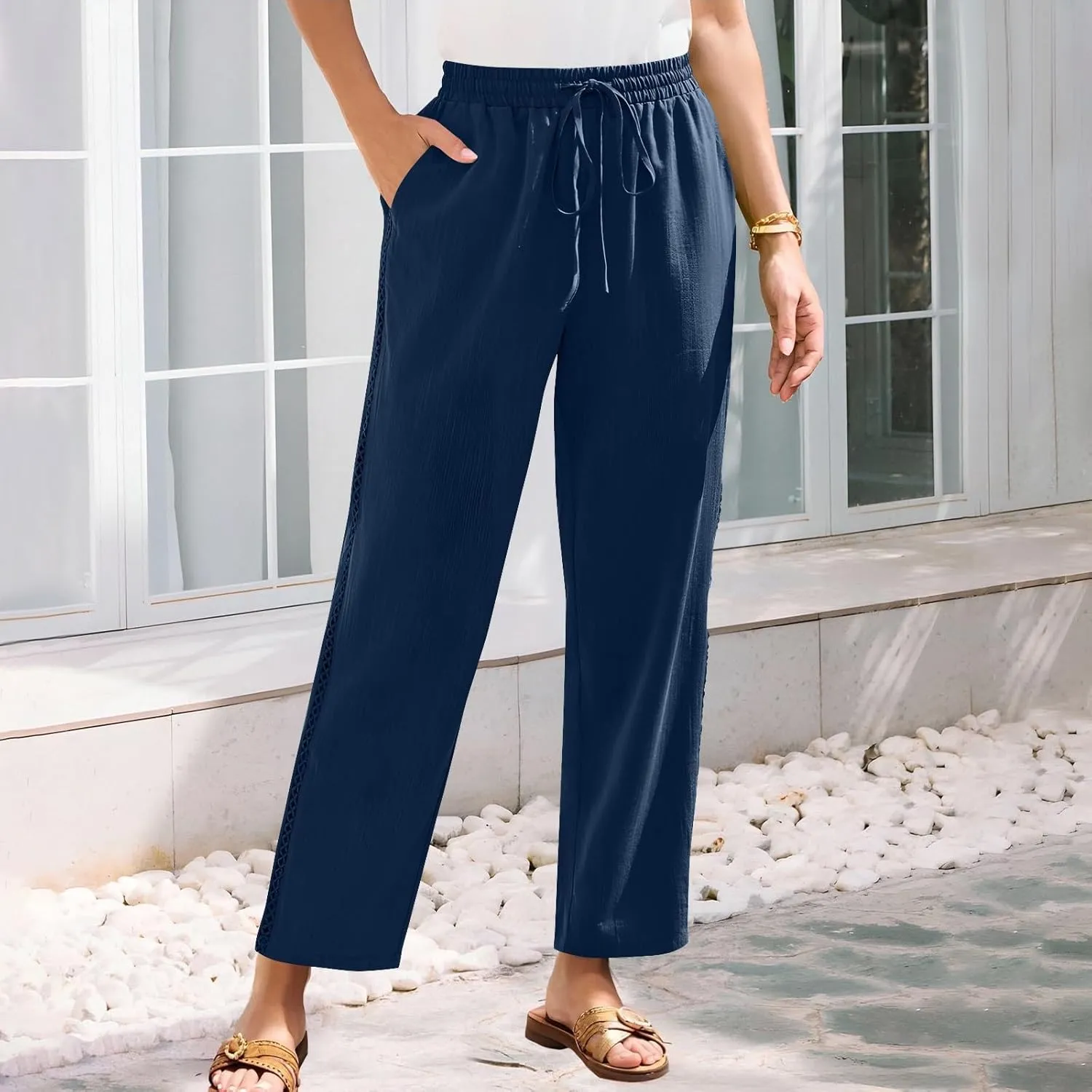 Cotton Linen Pants for Women 2025 Trendy Summer Wide Leg Pants with Pocket Beach Vacation Ankle Length Slacks Trouser