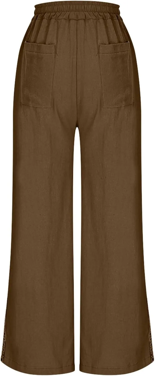 Cotton Linen Pants for Women 2025 Trendy Summer Wide Leg Pants with Pocket Beach Vacation Ankle Length Slacks Trouser