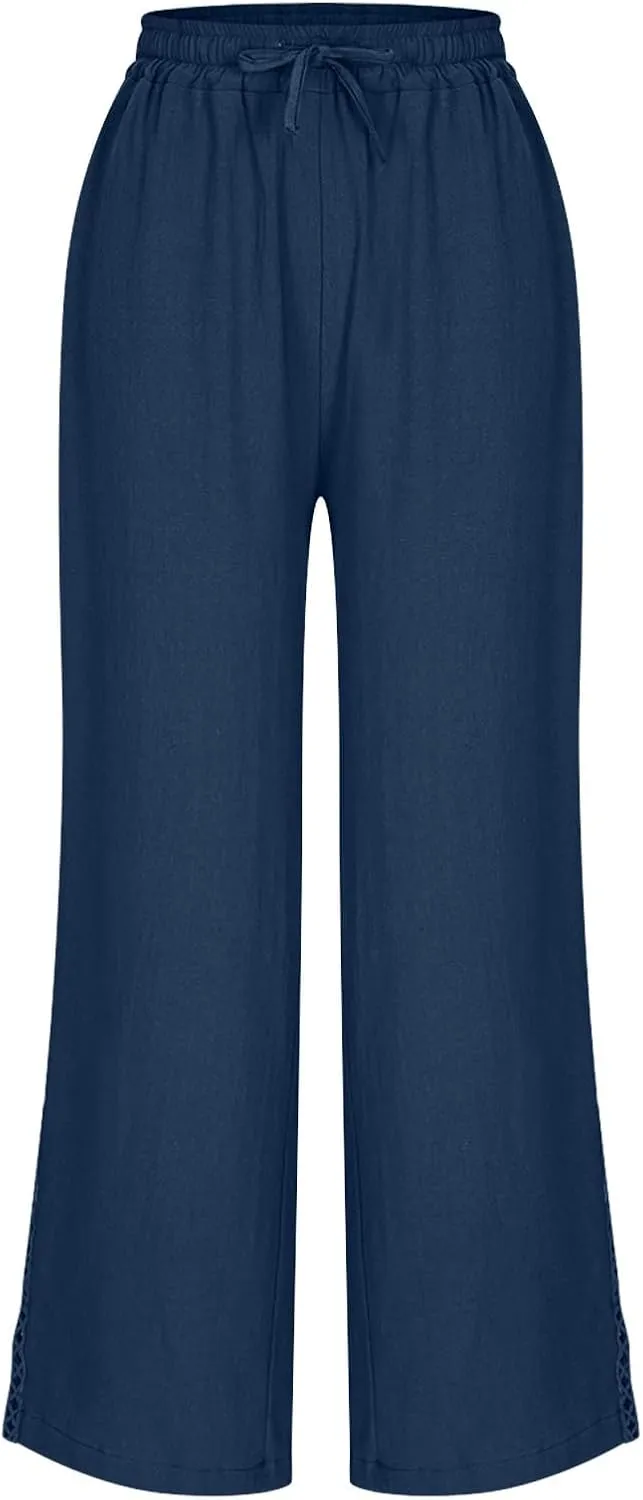 Cotton Linen Pants for Women 2025 Trendy Summer Wide Leg Pants with Pocket Beach Vacation Ankle Length Slacks Trouser