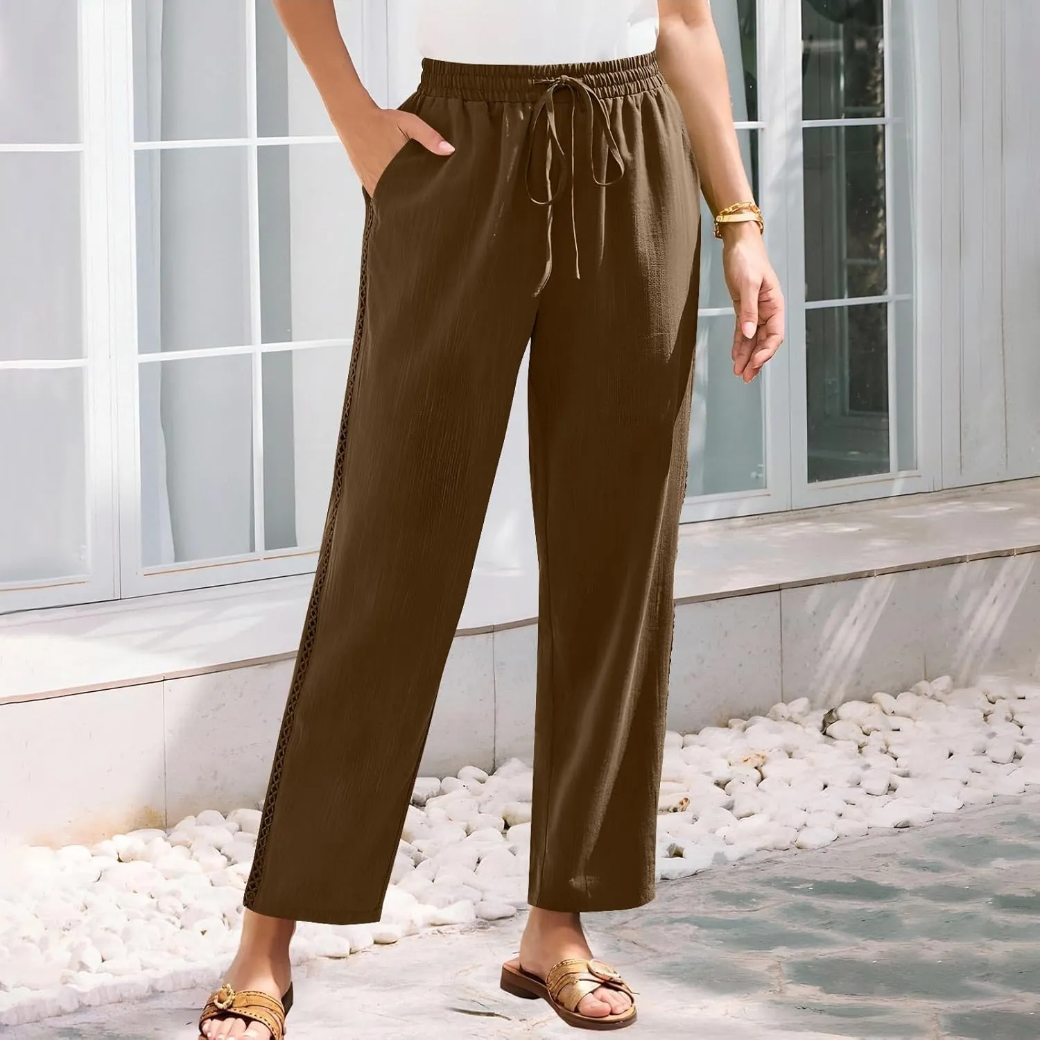 Cotton Linen Pants for Women 2025 Trendy Summer Wide Leg Pants with Pocket Beach Vacation Ankle Length Slacks Trouser