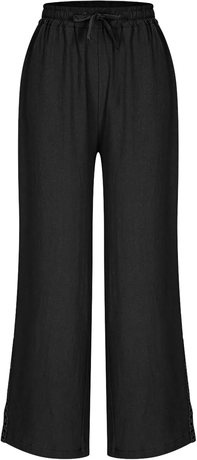 Cotton Linen Pants for Women 2025 Trendy Summer Wide Leg Pants with Pocket Beach Vacation Ankle Length Slacks Trouser