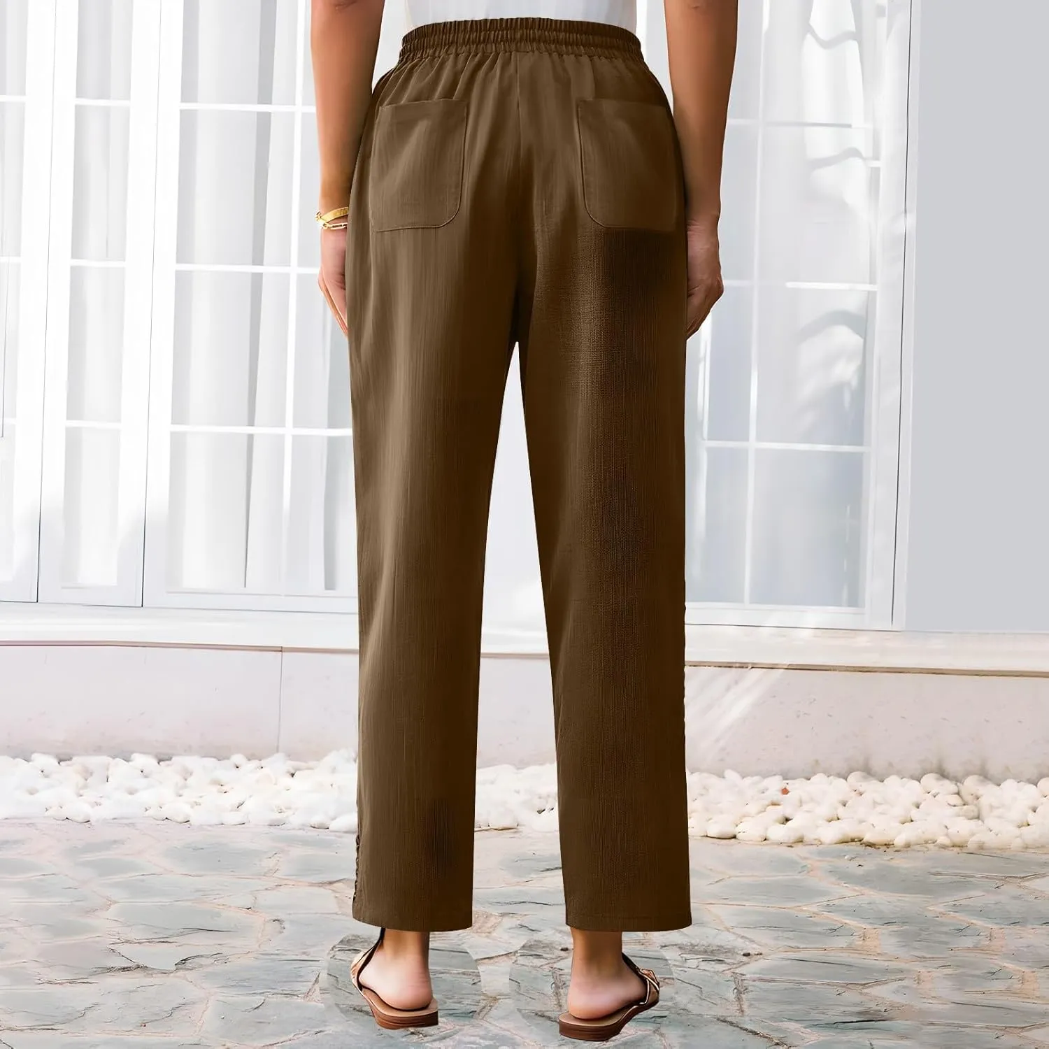 Cotton Linen Pants for Women 2025 Trendy Summer Wide Leg Pants with Pocket Beach Vacation Ankle Length Slacks Trouser