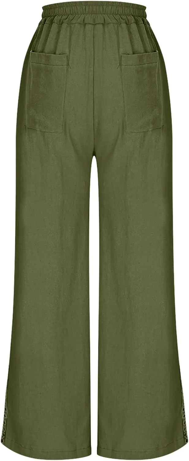 Cotton Linen Pants for Women 2025 Trendy Summer Wide Leg Pants with Pocket Beach Vacation Ankle Length Slacks Trouser