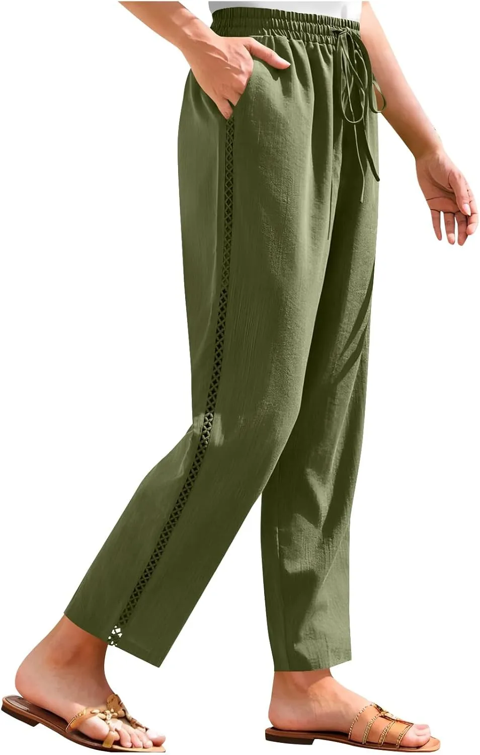 Cotton Linen Pants for Women 2025 Trendy Summer Wide Leg Pants with Pocket Beach Vacation Ankle Length Slacks Trouser