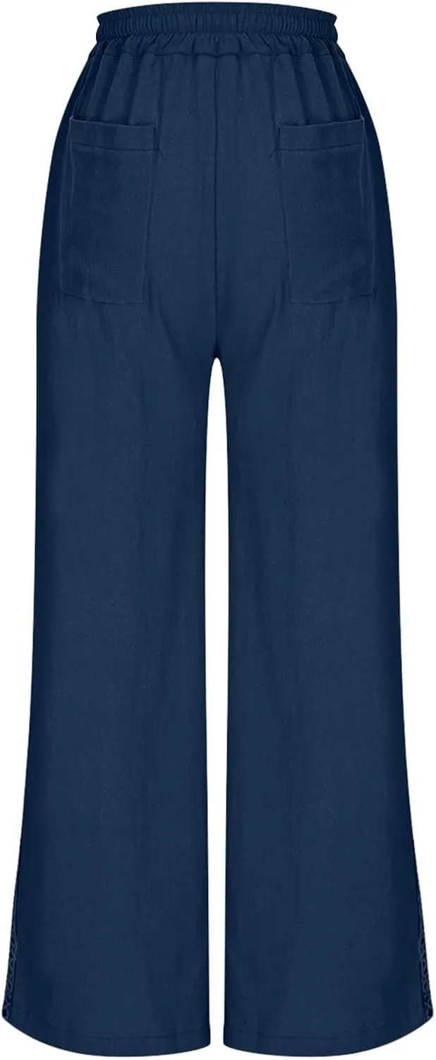 Cotton Linen Pants for Women 2025 Trendy Summer Wide Leg Pants with Pocket Beach Vacation Ankle Length Slacks Trouser