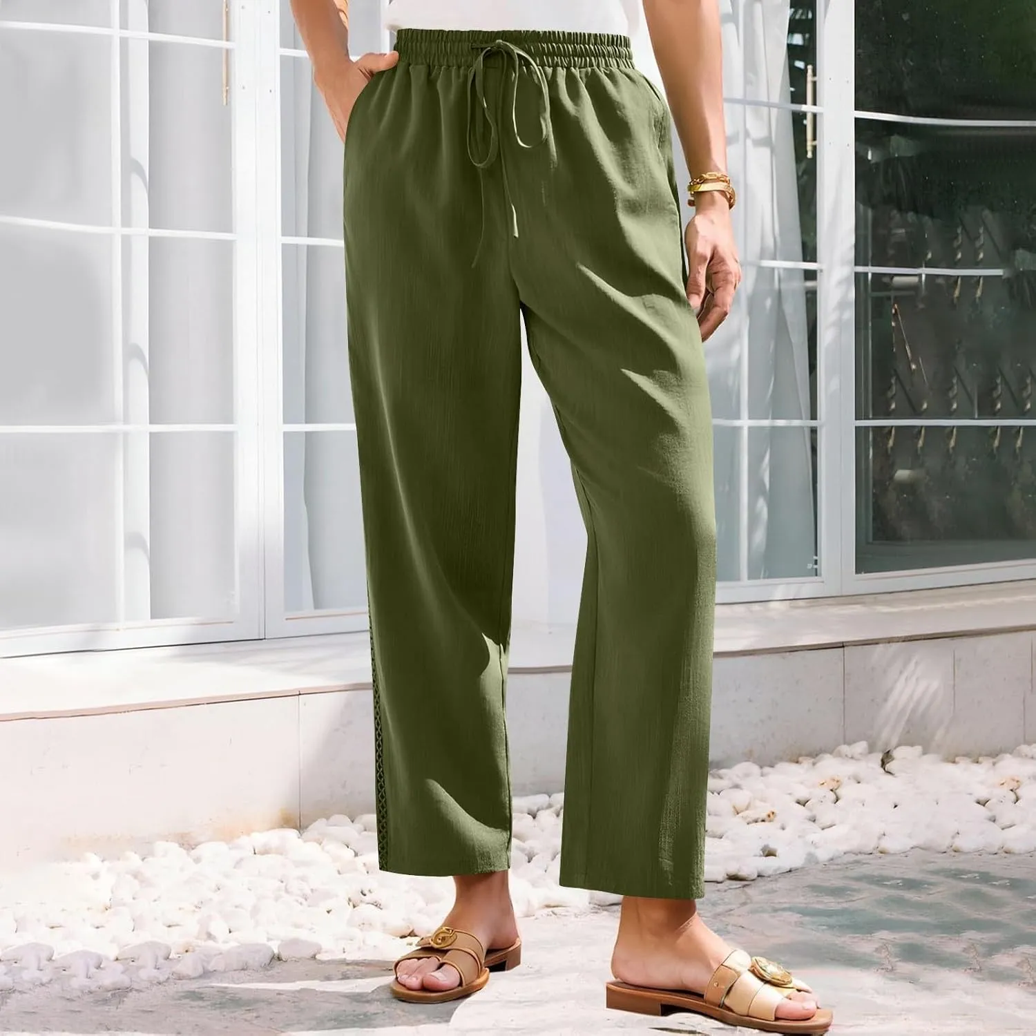 Cotton Linen Pants for Women 2025 Trendy Summer Wide Leg Pants with Pocket Beach Vacation Ankle Length Slacks Trouser