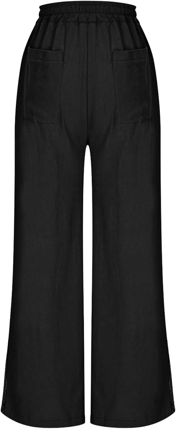 Cotton Linen Pants for Women 2025 Trendy Summer Wide Leg Pants with Pocket Beach Vacation Ankle Length Slacks Trouser