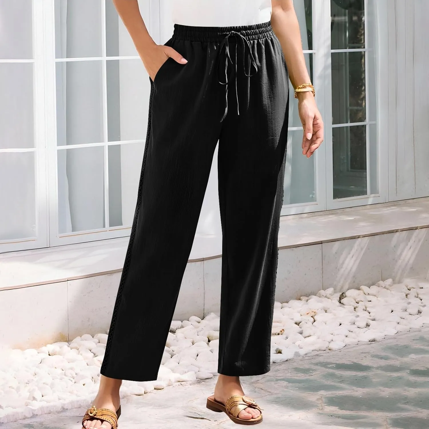 Cotton Linen Pants for Women 2025 Trendy Summer Wide Leg Pants with Pocket Beach Vacation Ankle Length Slacks Trouser