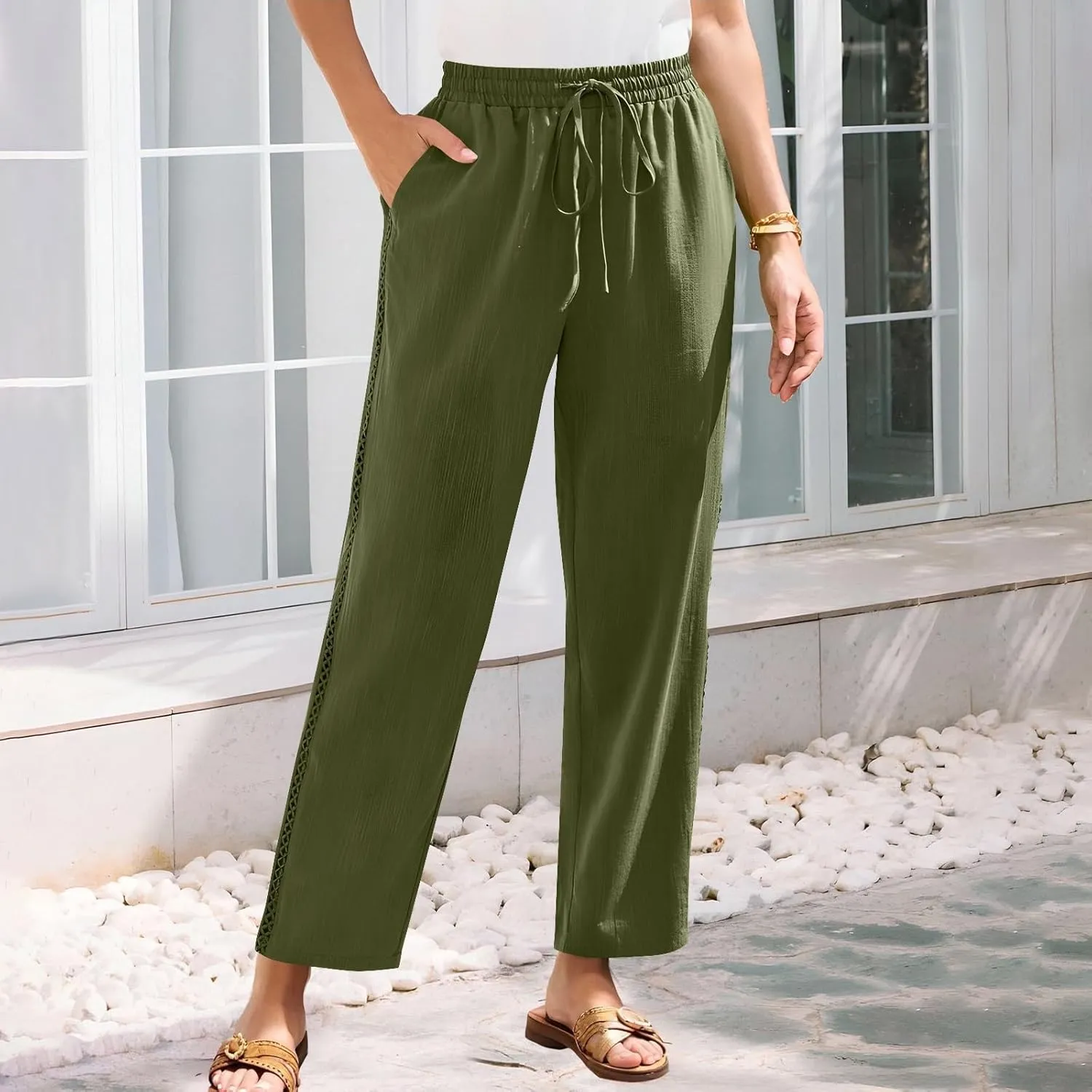 Cotton Linen Pants for Women 2025 Trendy Summer Wide Leg Pants with Pocket Beach Vacation Ankle Length Slacks Trouser