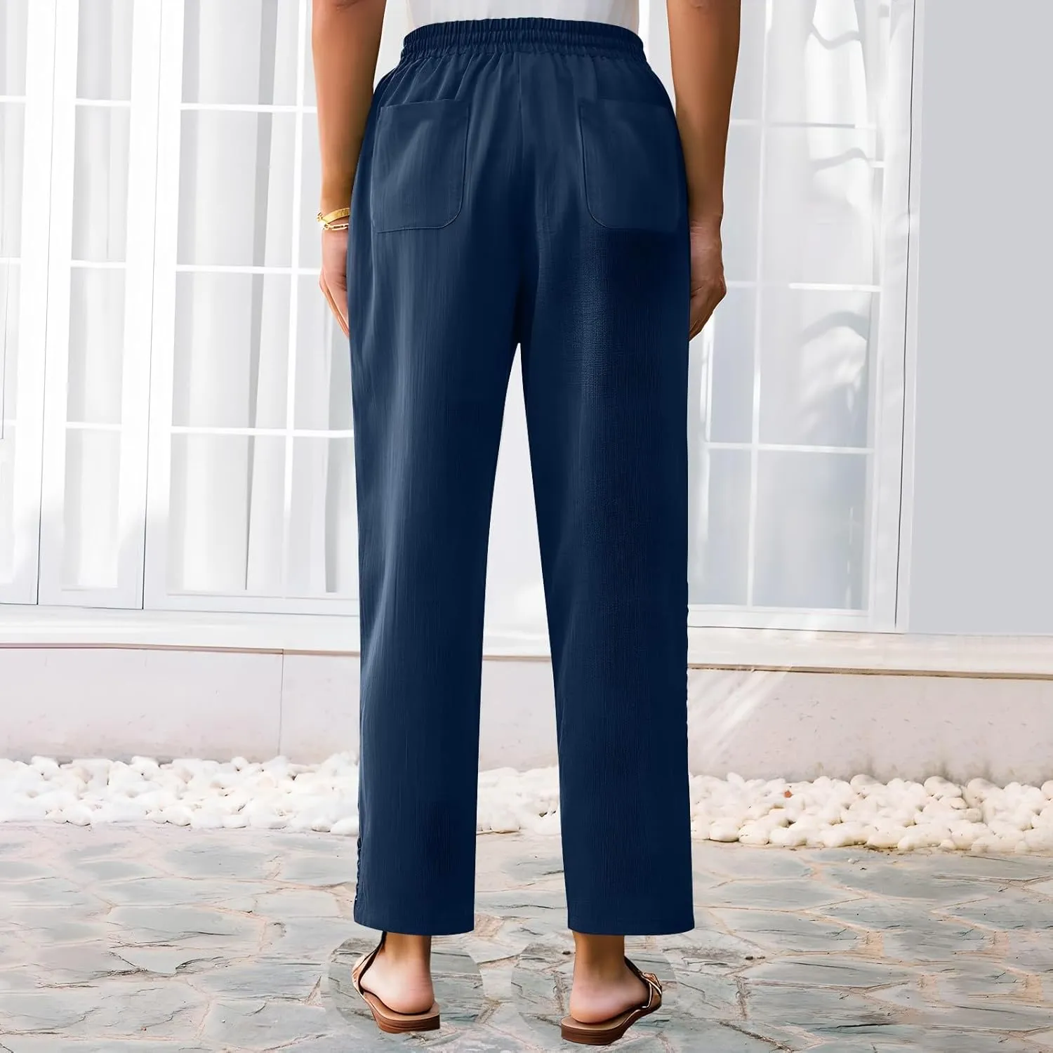 Cotton Linen Pants for Women 2025 Trendy Summer Wide Leg Pants with Pocket Beach Vacation Ankle Length Slacks Trouser