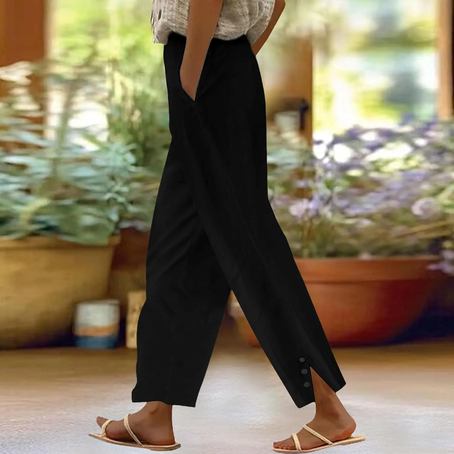 Cotton Linen Pants Women Summer Casual Straight Leg Capri Elastic Waist Comfy Plus Size Bottom Split Palazzo Trousers
