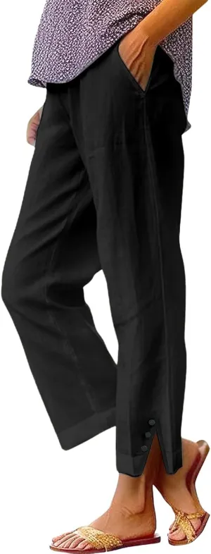 Cotton Linen Pants Women Summer Casual Straight Leg Capri Elastic Waist Comfy Plus Size Bottom Split Palazzo Trousers