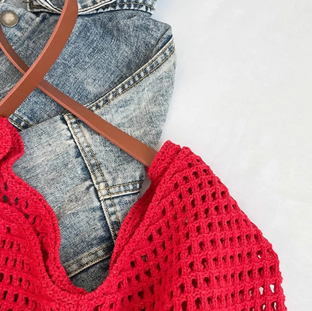 Crochet Mesh Beach Bag Large Woven Tote Purses Shoulder Handbags Casual Hobo Purse Women Bags for Swimming Vacations Beach