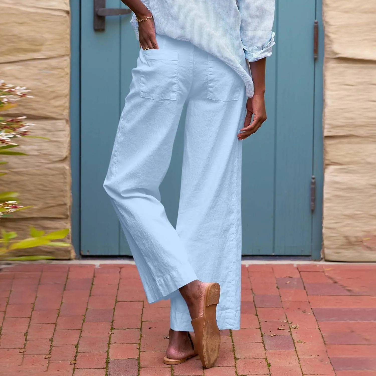 Cropped Linen Pants for Women 2025 Summer Straight Leg Slacks Casual Wide Leg Daily Work Trousers with Pockets
