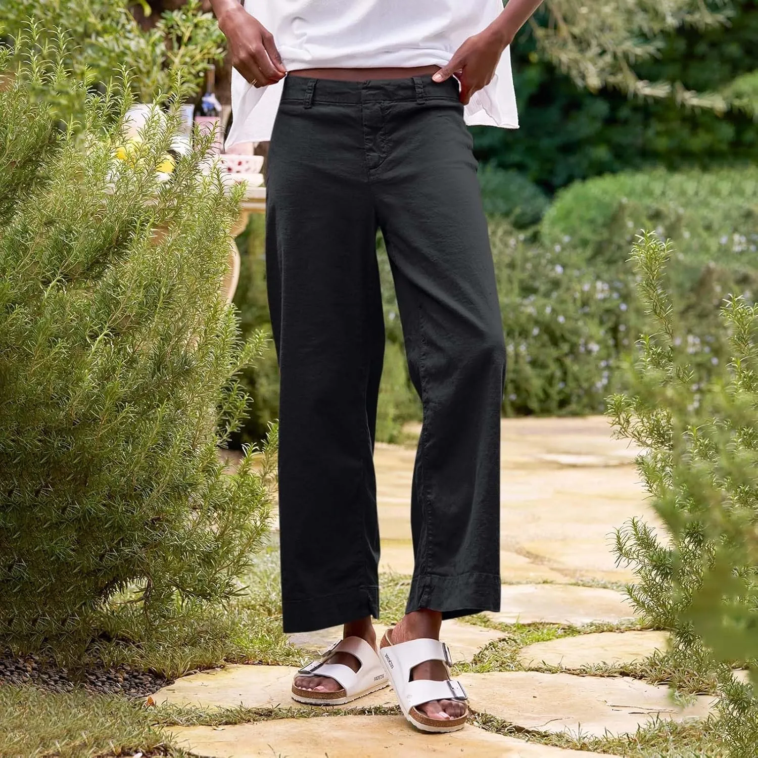 Cropped Linen Pants for Women 2025 Summer Straight Leg Slacks Casual Wide Leg Daily Work Trousers with Pockets