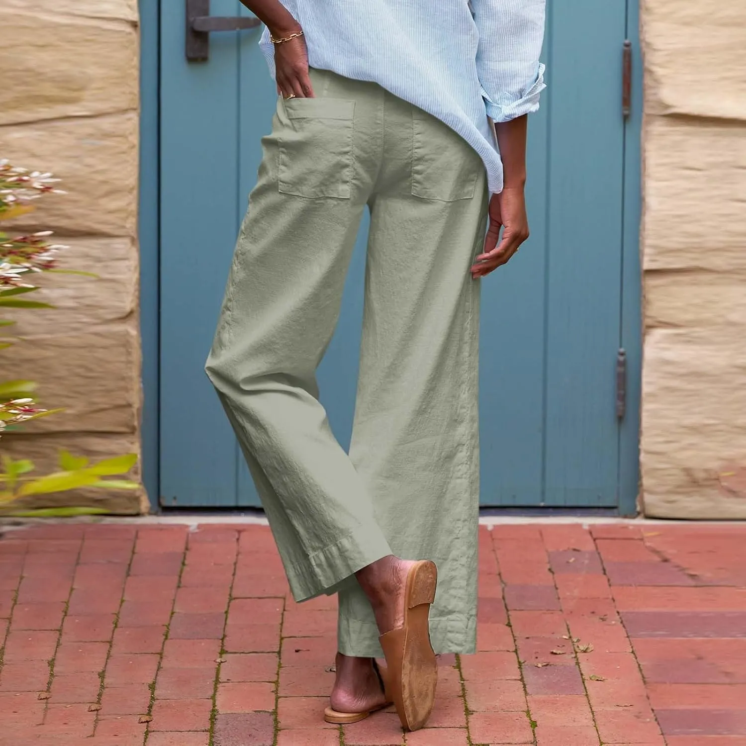 Cropped Linen Pants for Women 2025 Summer Straight Leg Slacks Casual Wide Leg Daily Work Trousers with Pockets
