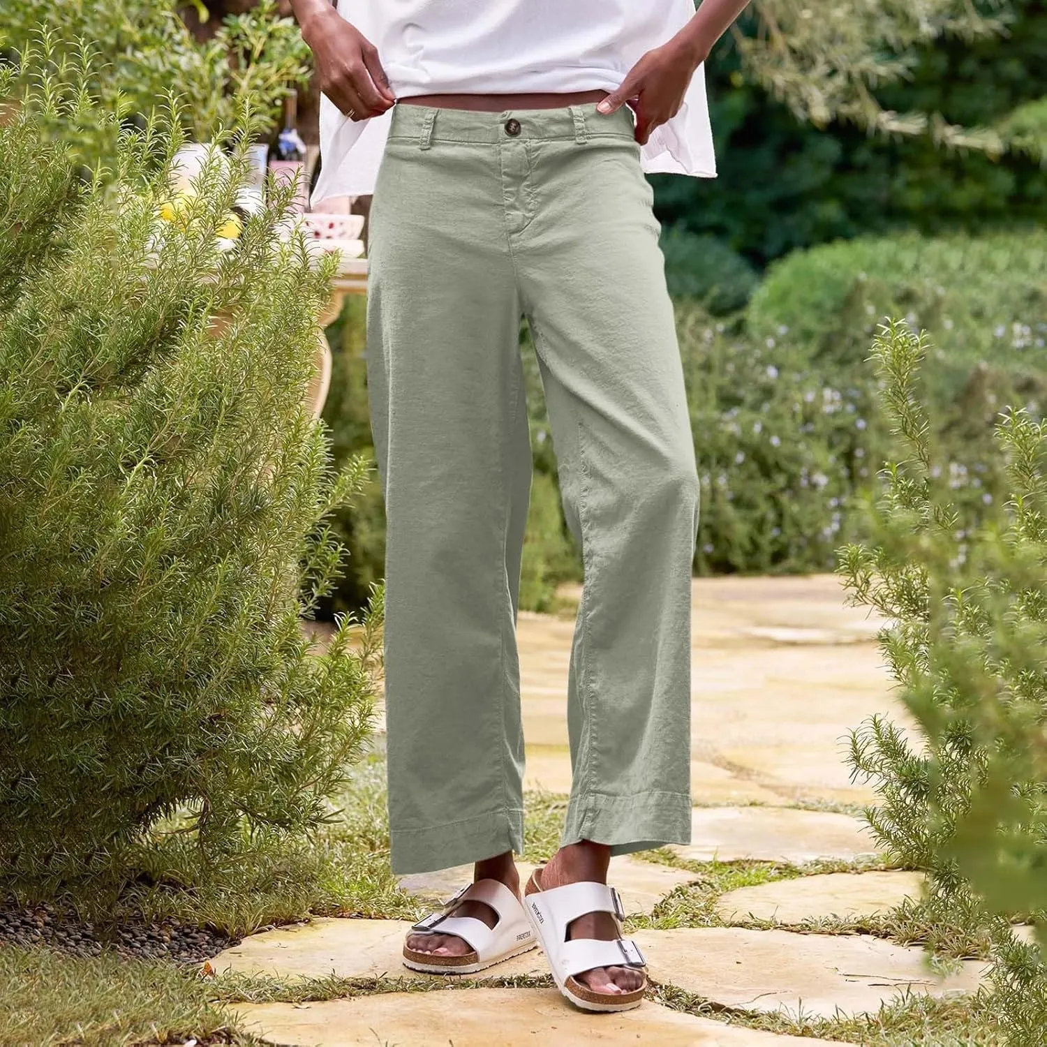 Cropped Linen Pants for Women 2025 Summer Straight Leg Slacks Casual Wide Leg Daily Work Trousers with Pockets