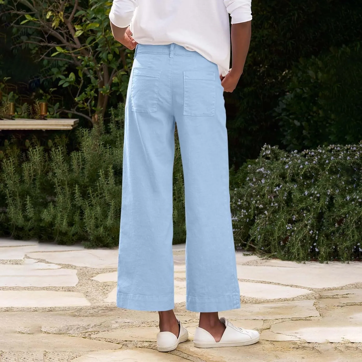 Cropped Linen Pants for Women 2025 Summer Straight Leg Slacks Casual Wide Leg Daily Work Trousers with Pockets