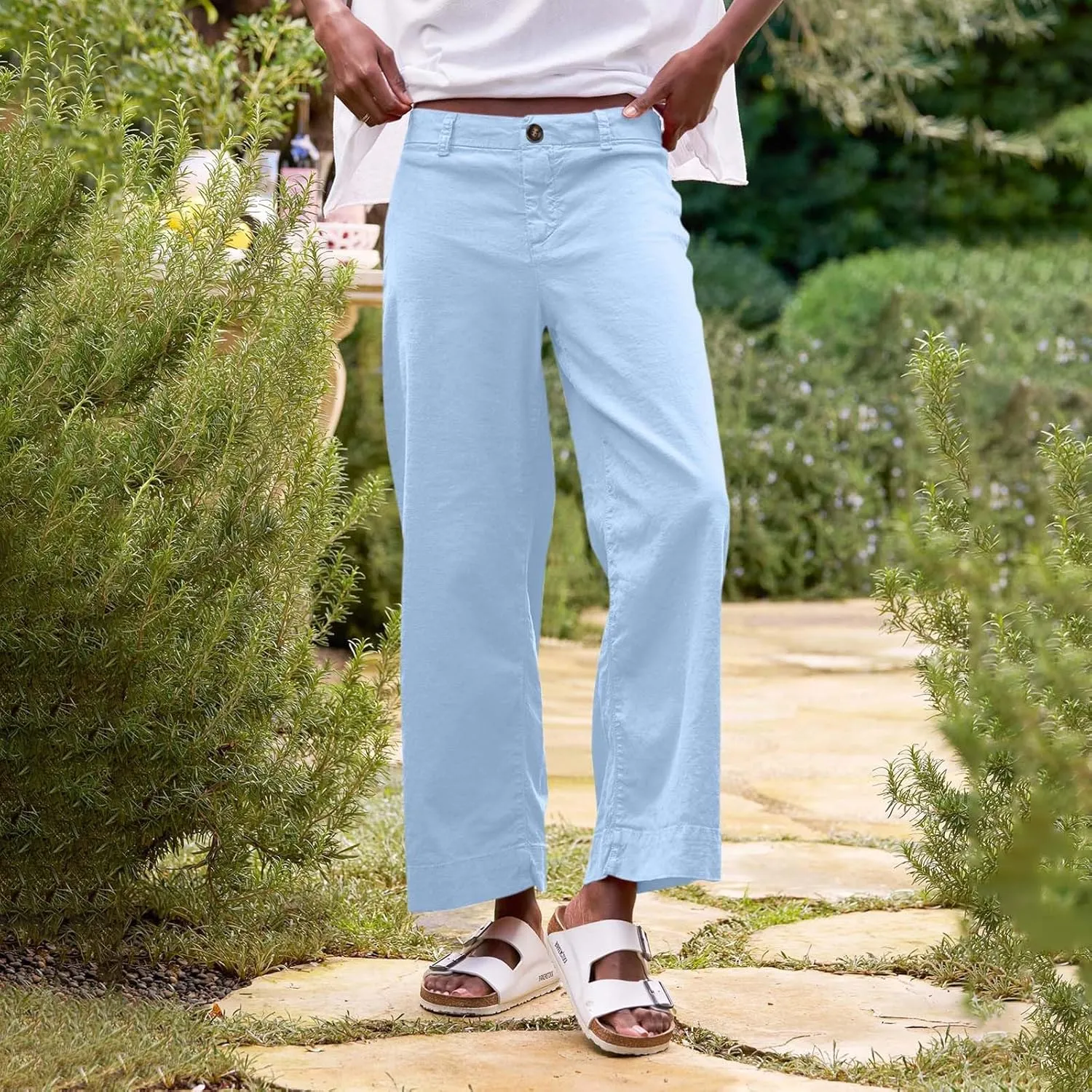 Cropped Linen Pants for Women 2025 Summer Straight Leg Slacks Casual Wide Leg Daily Work Trousers with Pockets