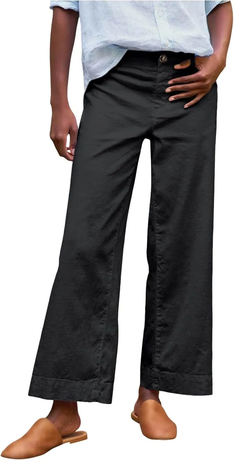 Cropped Linen Pants for Women 2025 Summer Straight Leg Slacks Casual Wide Leg Daily Work Trousers with Pockets
