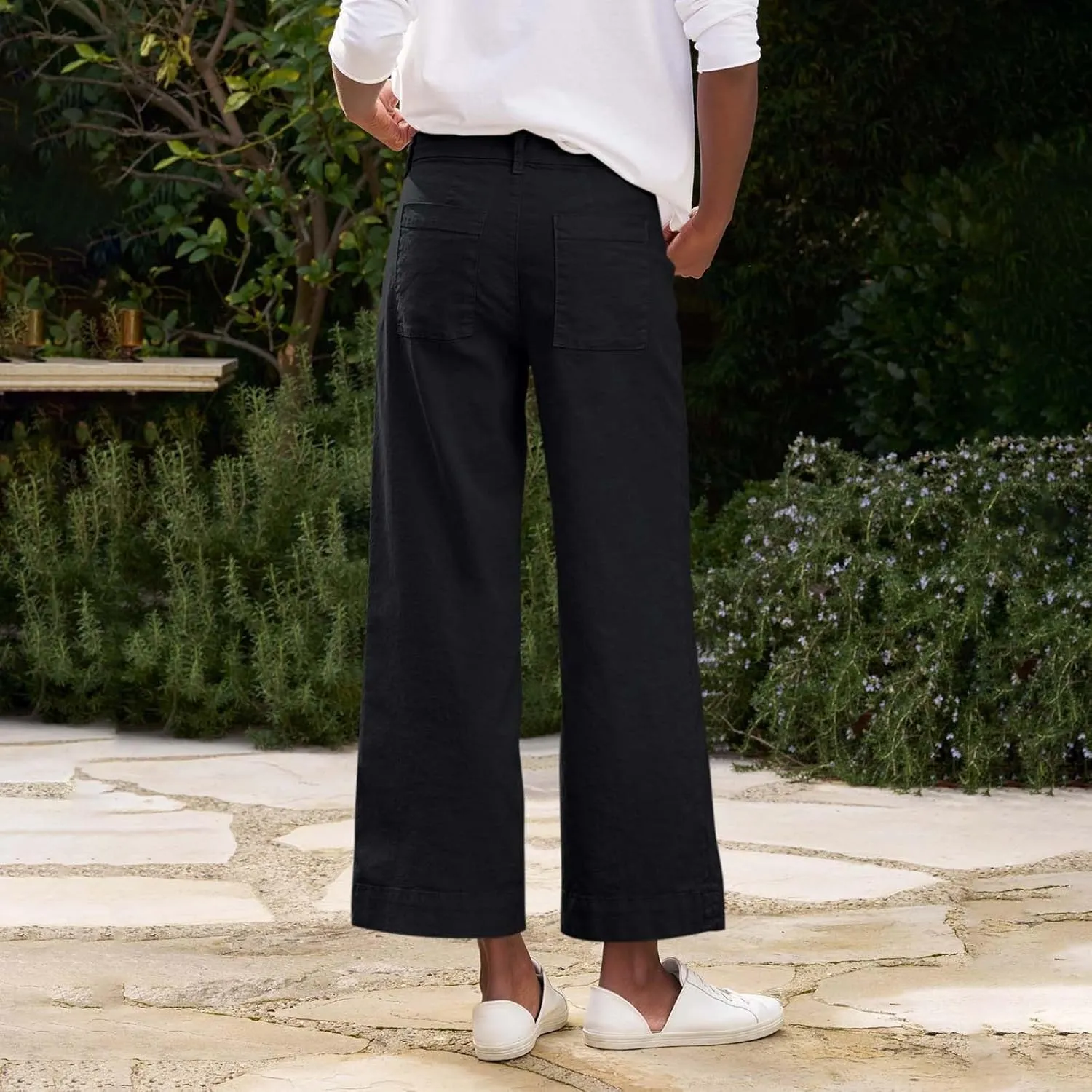 Cropped Linen Pants for Women 2025 Summer Straight Leg Slacks Casual Wide Leg Daily Work Trousers with Pockets