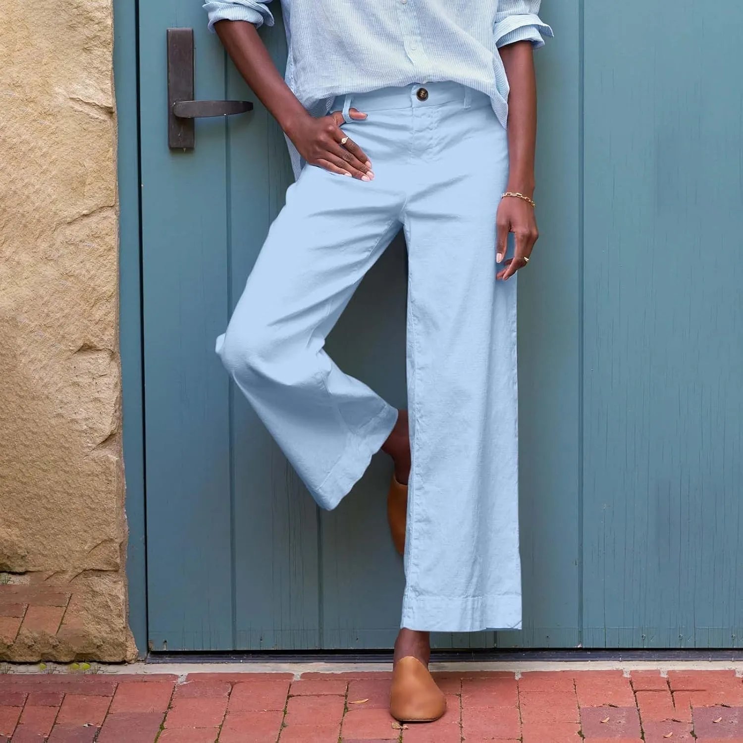 Cropped Linen Pants for Women 2025 Summer Straight Leg Slacks Casual Wide Leg Daily Work Trousers with Pockets