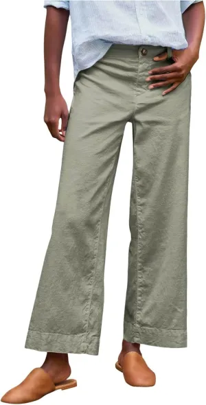 Cropped Linen Pants for Women 2025 Summer Straight Leg Slacks Casual Wide Leg Daily Work Trousers with Pockets