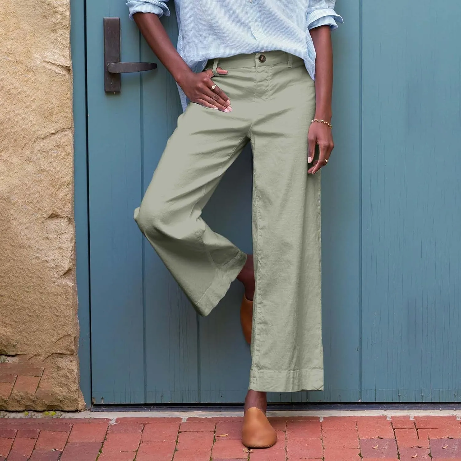 Cropped Linen Pants for Women 2025 Summer Straight Leg Slacks Casual Wide Leg Daily Work Trousers with Pockets