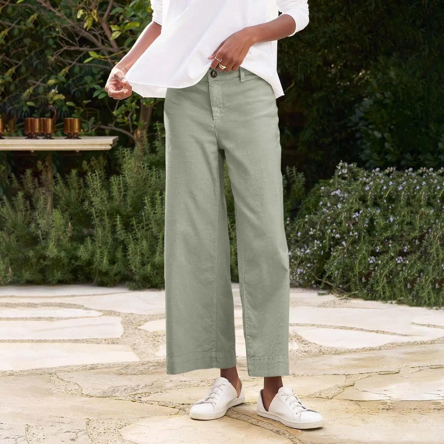 Cropped Linen Pants for Women 2025 Summer Straight Leg Slacks Casual Wide Leg Daily Work Trousers with Pockets