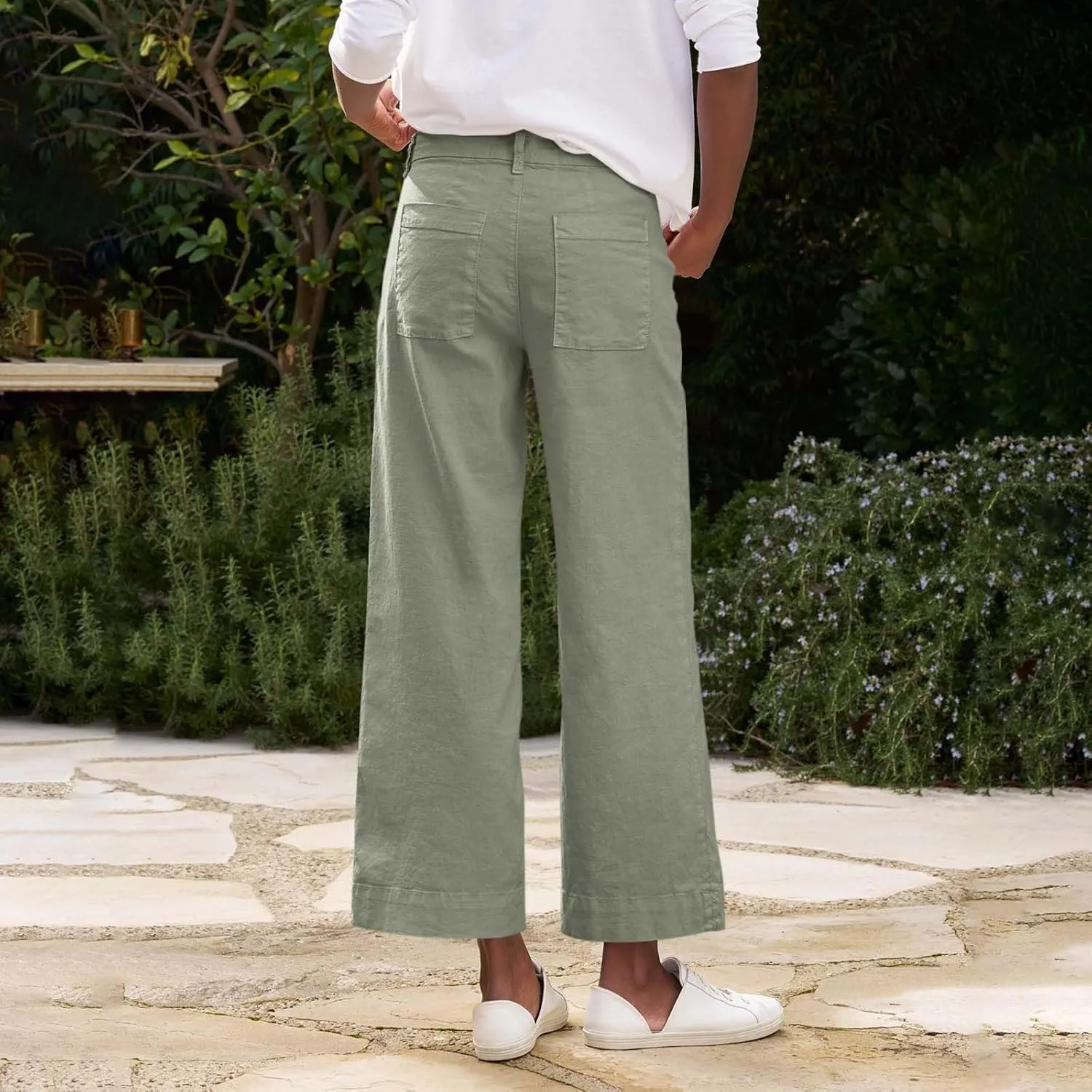 Cropped Linen Pants for Women 2025 Summer Straight Leg Slacks Casual Wide Leg Daily Work Trousers with Pockets