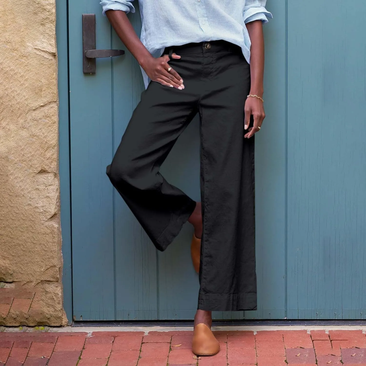 Cropped Linen Pants for Women 2025 Summer Straight Leg Slacks Casual Wide Leg Daily Work Trousers with Pockets