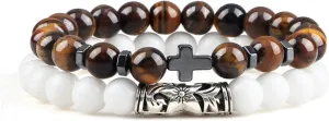 Cross Bracelets Set Hot Men Natural Wood Beads Lava Tiger Eye Stone Onyx Meditation Prayer Bracelet Women Yoga Jewelry Pulseras,Set 16